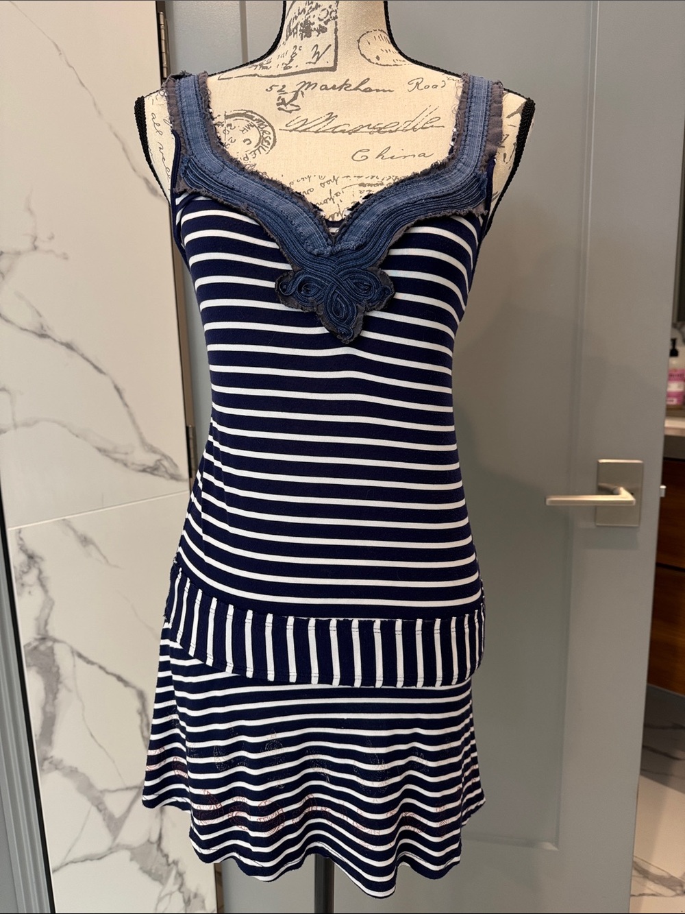 Free People Navy and White Striped Tank Dress with Lace Trim